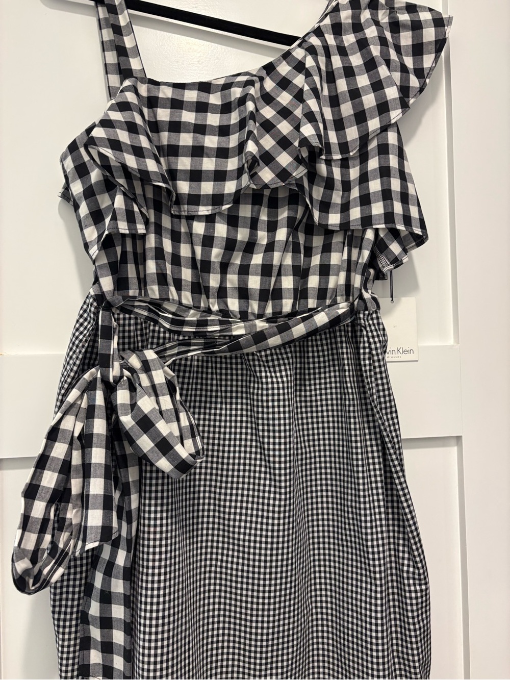 Calvin Klein Black & White Gingham Ruffle Strap Dress